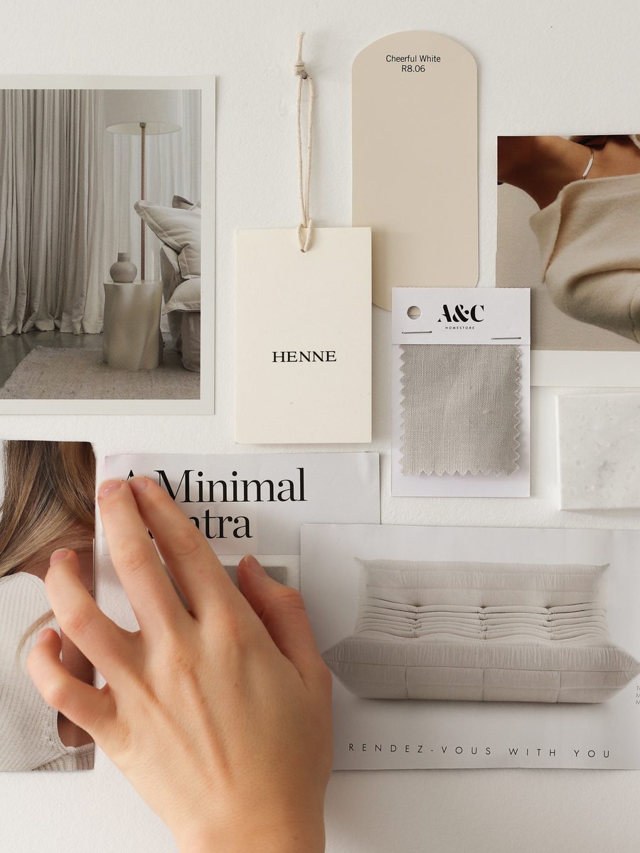 Fabric swatches and tags laid out for a launch
